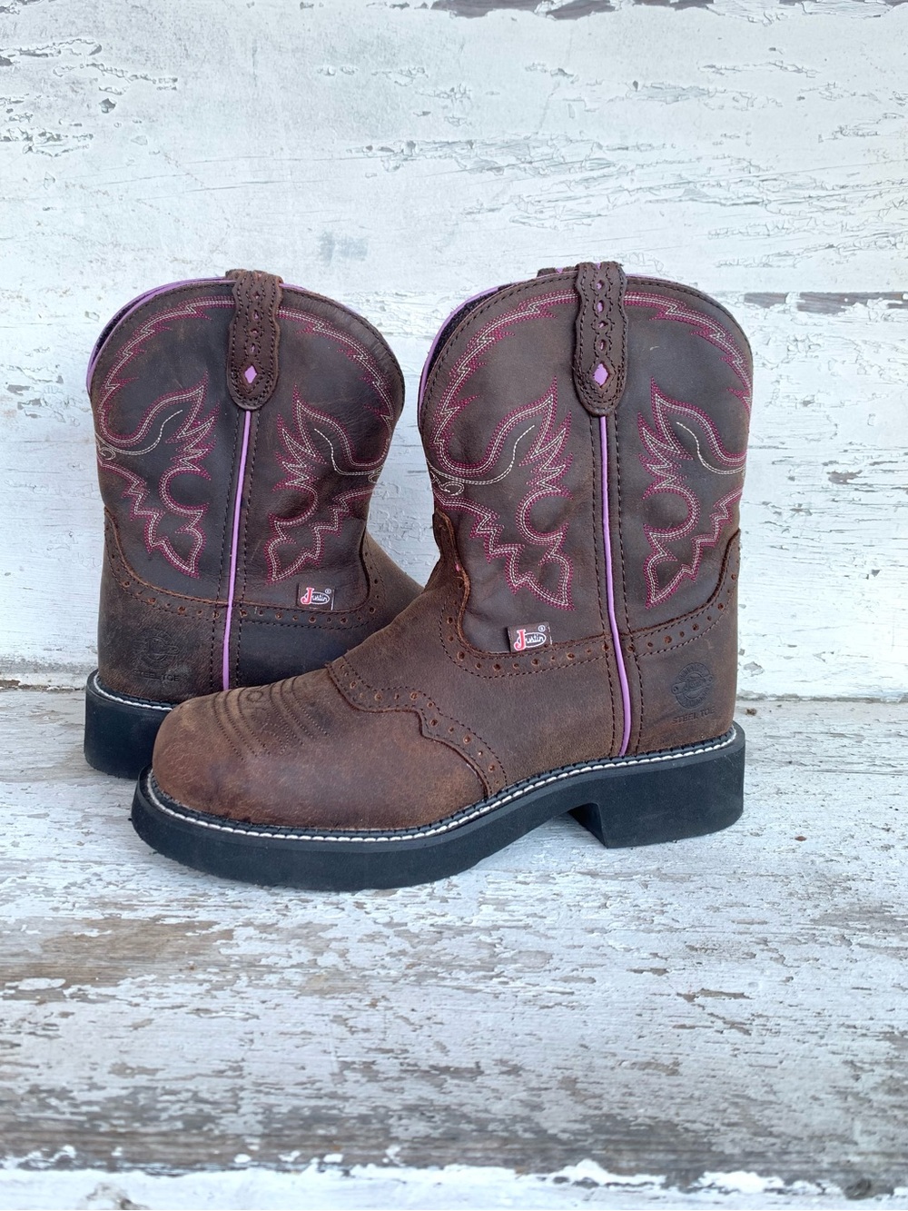 Justin Gypsy Gemma Dark Brown/Pink Western Work Boots 9.5B